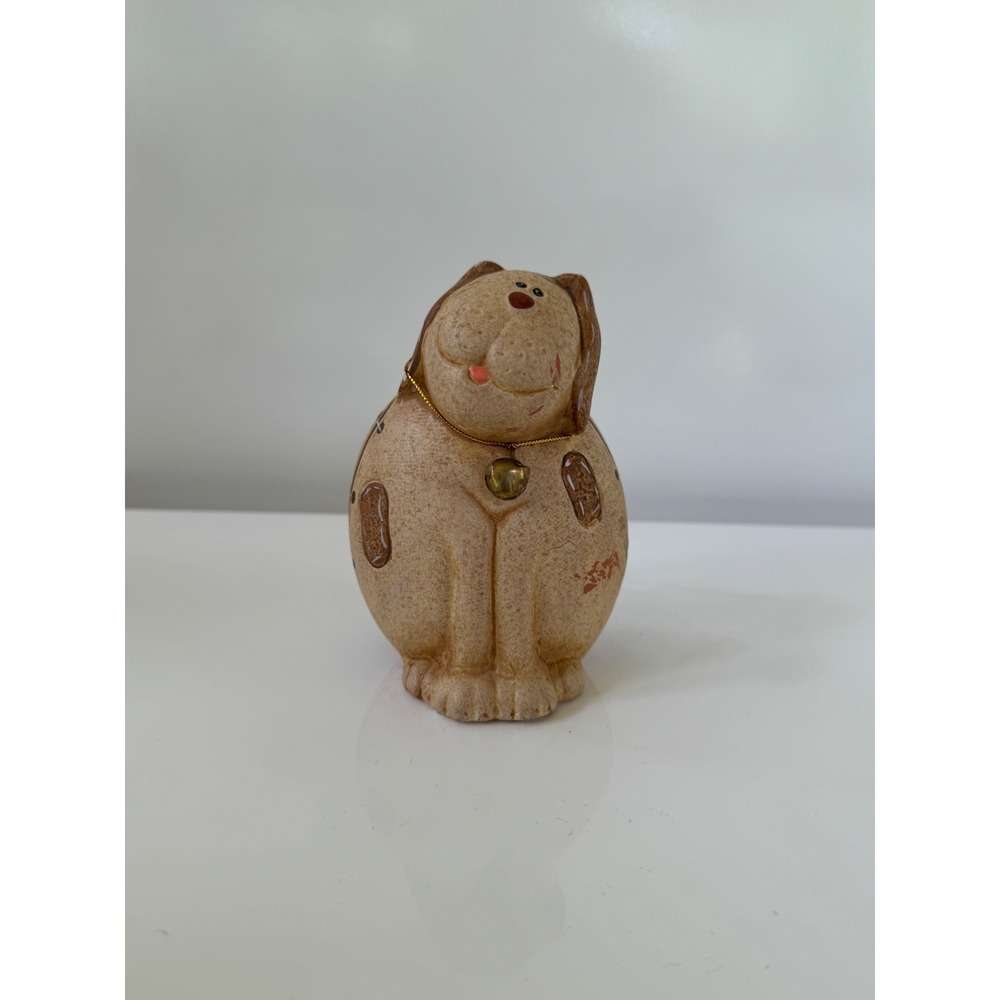 Vintage Ceramic Dog Figurine with Bell Collar Rustic Textured Brown Spotted 5in